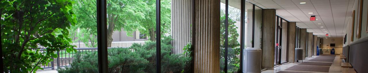 Inside on an empty hall in Mackinac Hall with green bushes and trees outside the windows